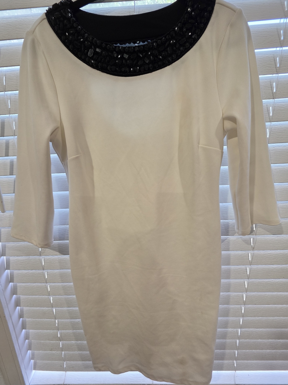 Bisou Bisou White Shift Dress with Black Beaded Collar